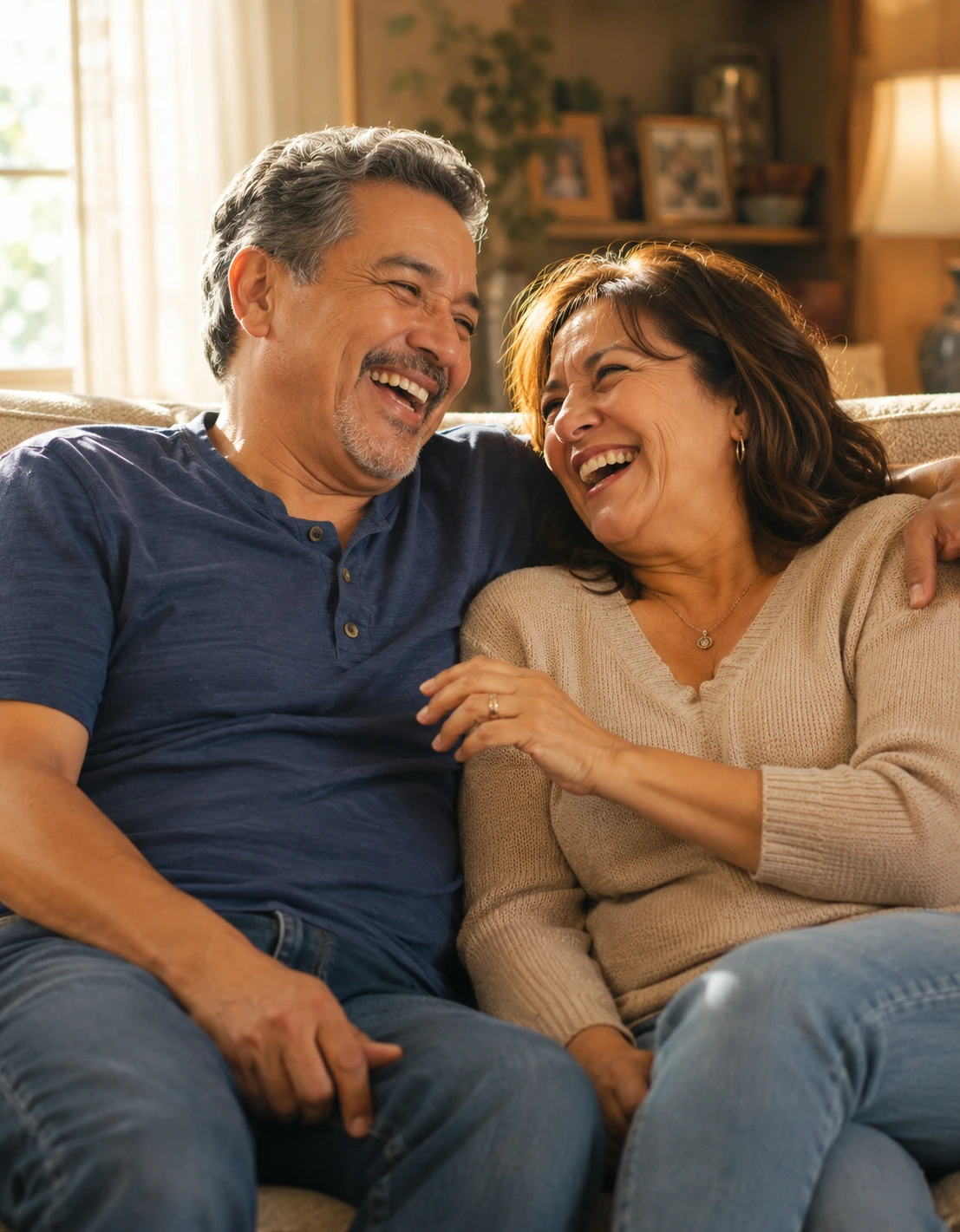 Hispanic senior couple laughing on sofa — peace of mind with Transition Helpers