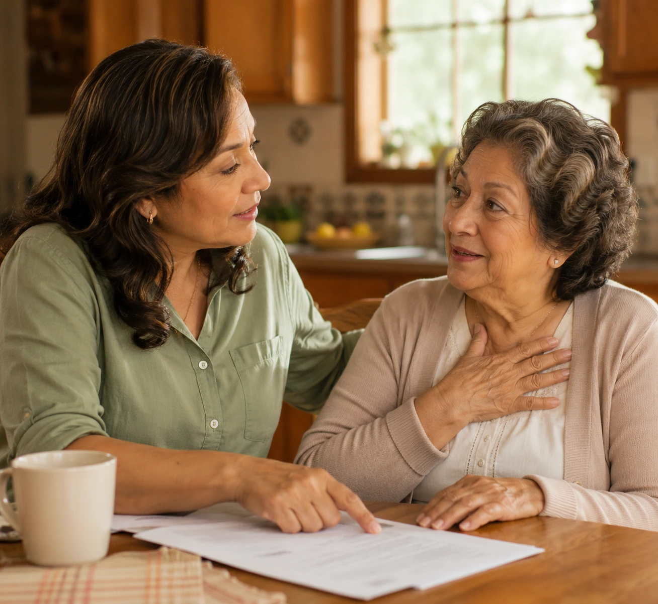 Hispanic daughter and mother — a moment of relief and trust