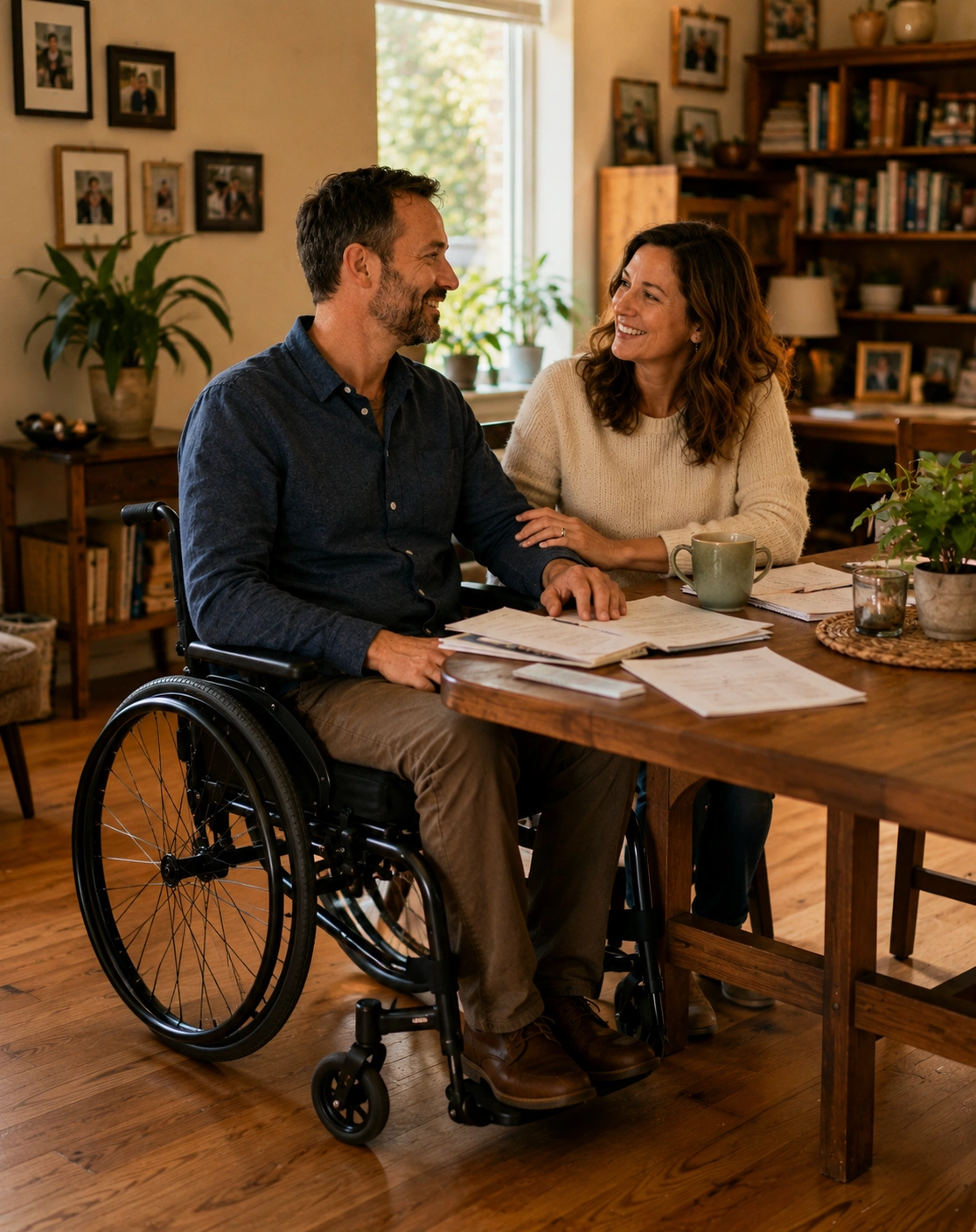 A man in a wheelchair and his partner at home — supported, confident, and in control