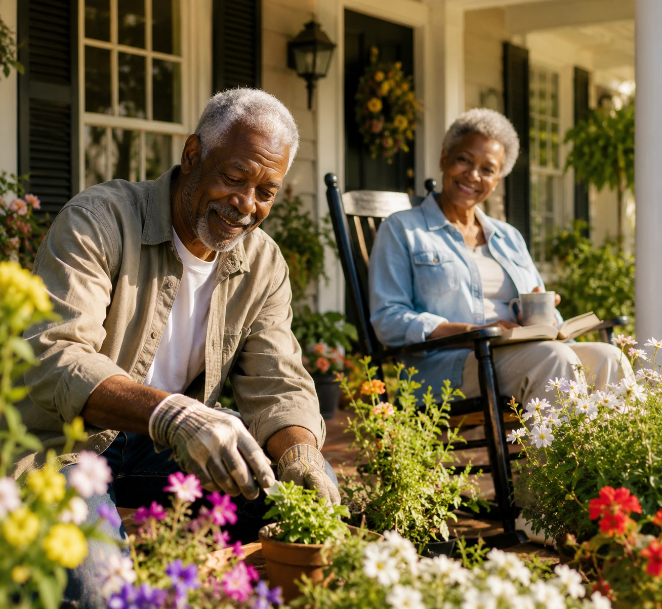 Black senior couple in their garden — home care and lawn help
