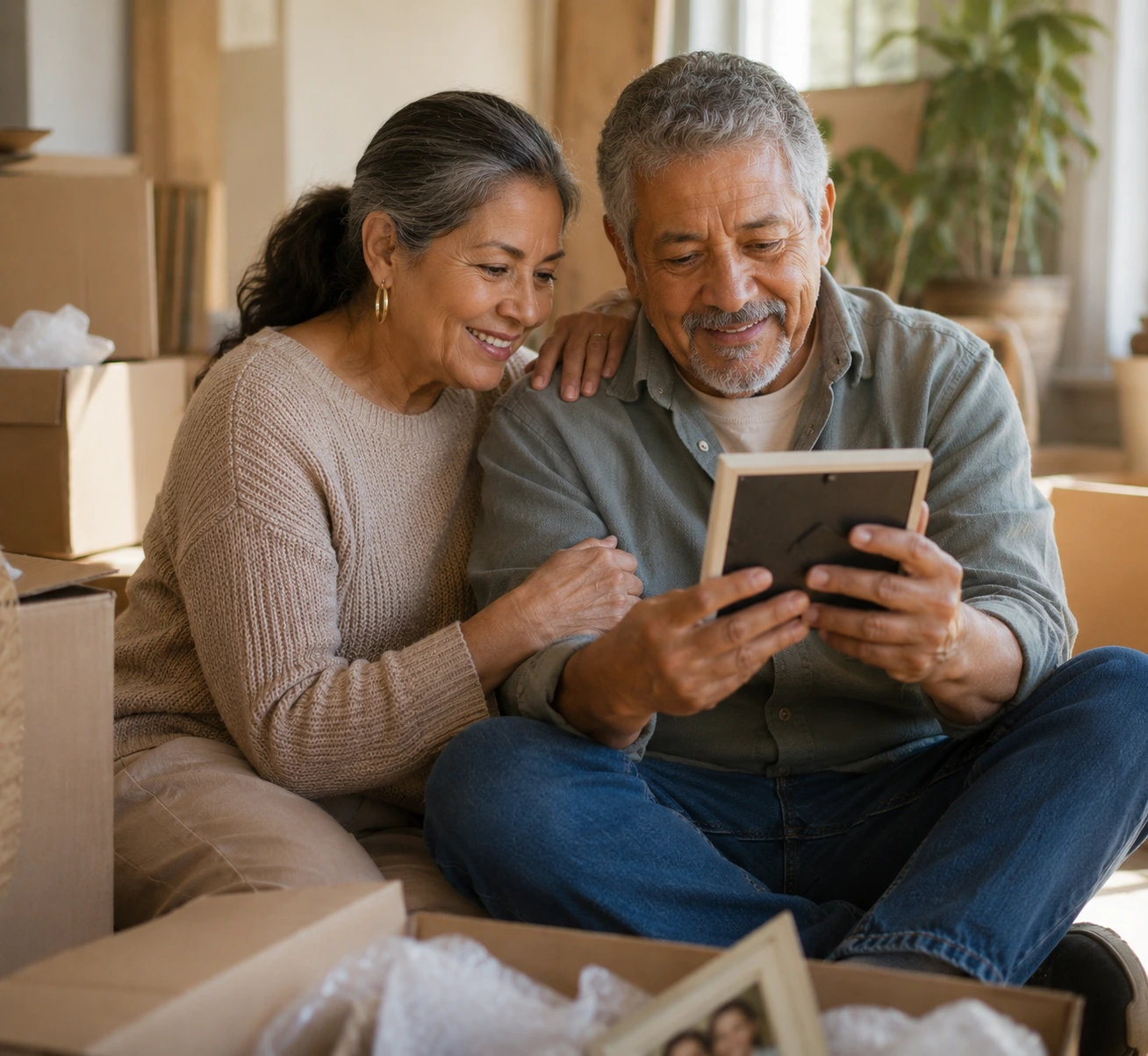 Hispanic senior couple honoring memories while downsizing their home