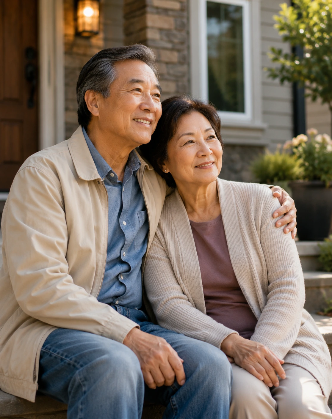 Asian senior couple at their home — confident and ready for the next chapter