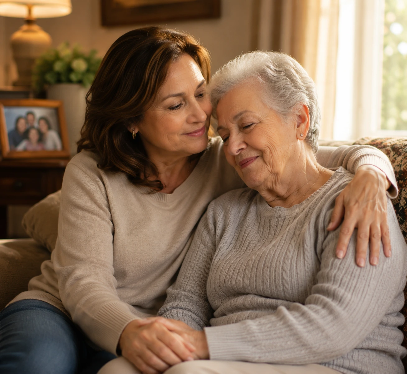 A daughter and her mother together on a sofa — love, presence, and peace of mind