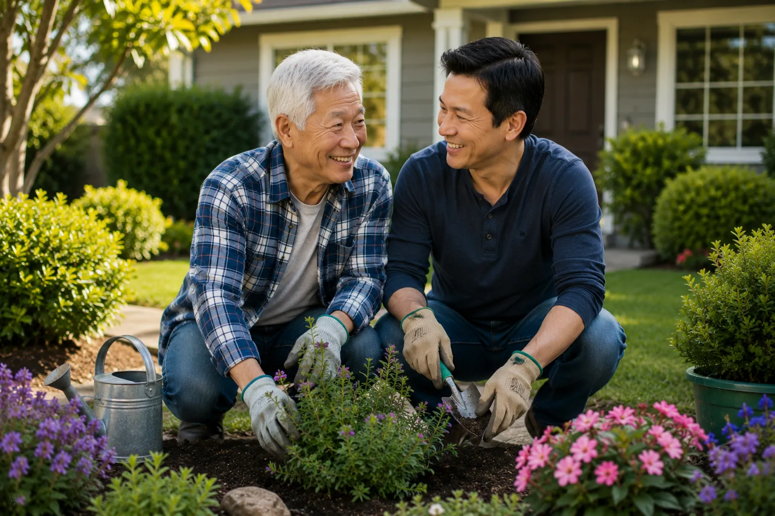 Adult son helping aging father outdoors